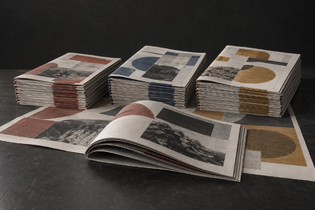 Drei Stapel unterschiedlich gestalteter Magazinvarianten mit einem geöffneten Exemplar und Druckbogen im Vordergrund
