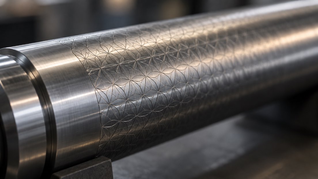 Detail eines Metallzylinders mit einem wiederholten geometrischen Muster auf der gekrümmten Oberfläche